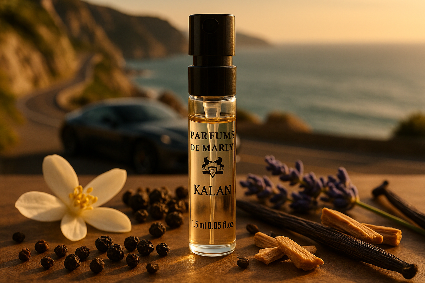 Parfums De Marly Kalan officiellt doftprov 1,5 ml 0,05 fl. oz. parfymtestare, i bakgrunden en lyxbil vid kusten, provet omges av doftnoter från Kalan-doften.