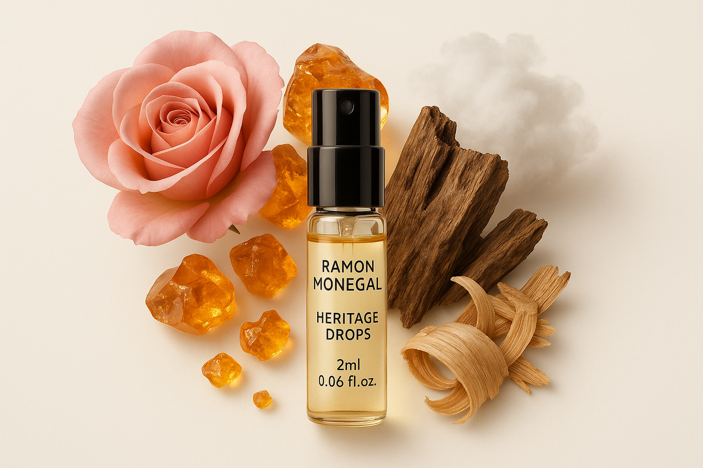 Ramon Monegal Heritage Drops officiellt parfymprov 2ml 0.06 fl.oz. parfymtestflaska omgiven av Heritage Drops doftnoter