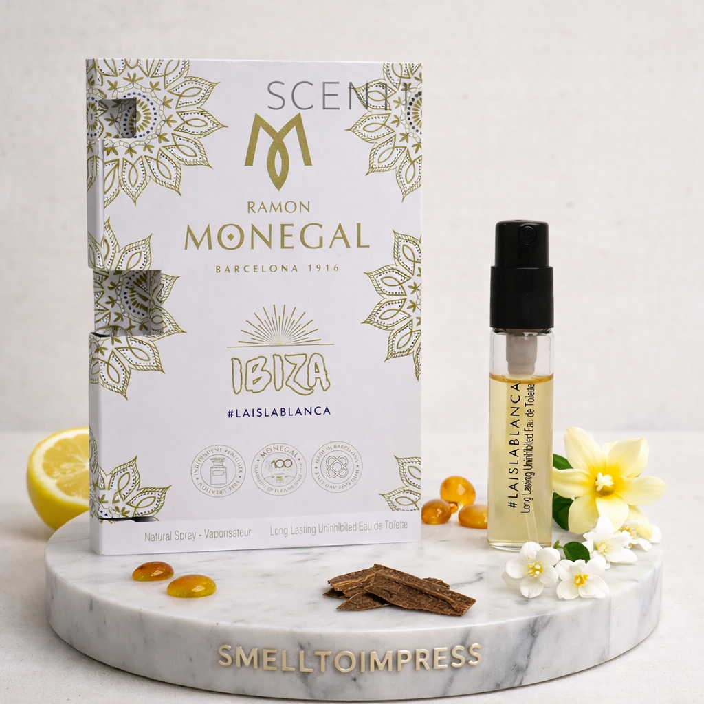 Ramon Monegal Ibiza La Isla Blanca 2ml 0.06 fl. oz. official perfume sample tester on smelltoimpress luxury stand