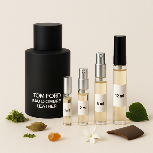 Tom Ford Eau d’Ombre Leather-flaska med provvial på 1 ml, 2 ml, 6 ml och 12 ml på ljus bakgrund, med inslag av kardemumma, jasmin, amber, mossa och läder