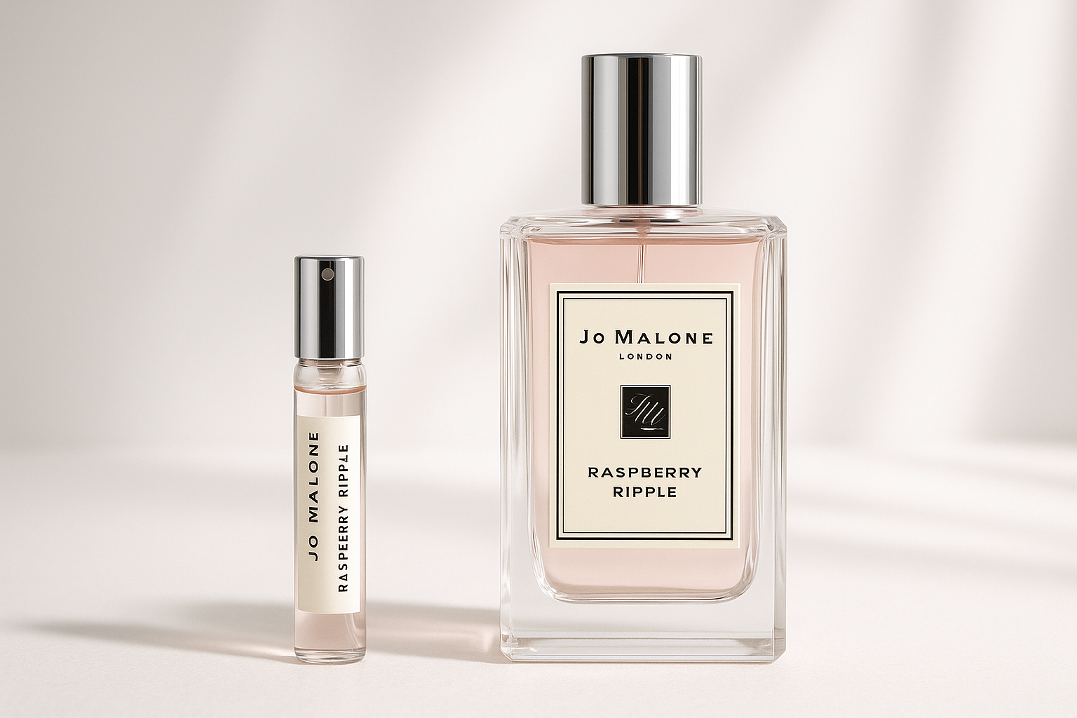 Jo Malone Raspberry Ripple 2ml parfymprov bredvid 100ml Jo Malone Raspberry Ripple parfymflaska