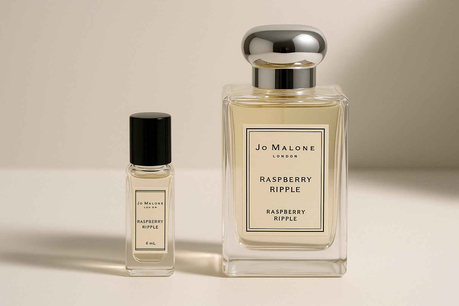 Jo Malone Raspberry Ripple 6ml parfymprov bredvid 100ml flaska Jo Malone Raspberry Ripple
