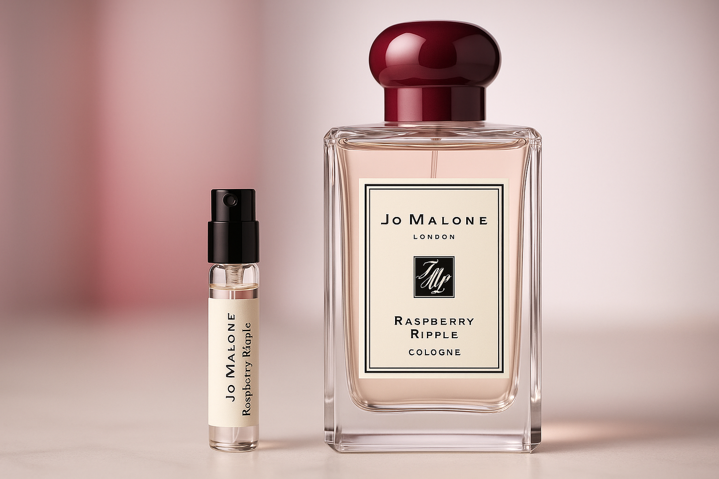 Jo Malone Raspberry Ripple Cologne parfymprover, 1 ml parfymprov bredvid 100 ml Jo Malone Raspberry Ripple Cologne parfymflaska