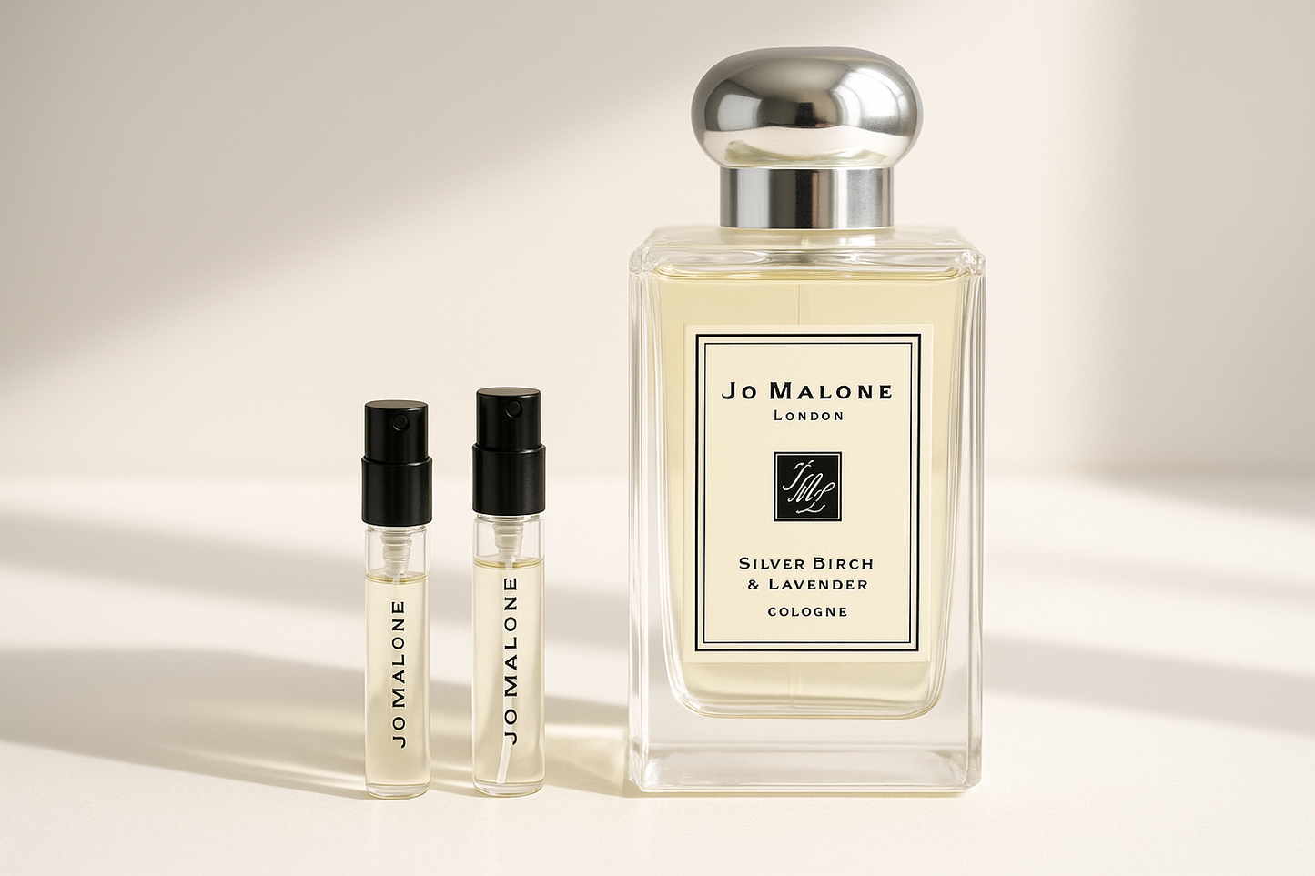 Jo Malone Silver Birch & Lavender Cologne parfymprover 1ml bredvid Jo Malone Silver Birch 100ml doft