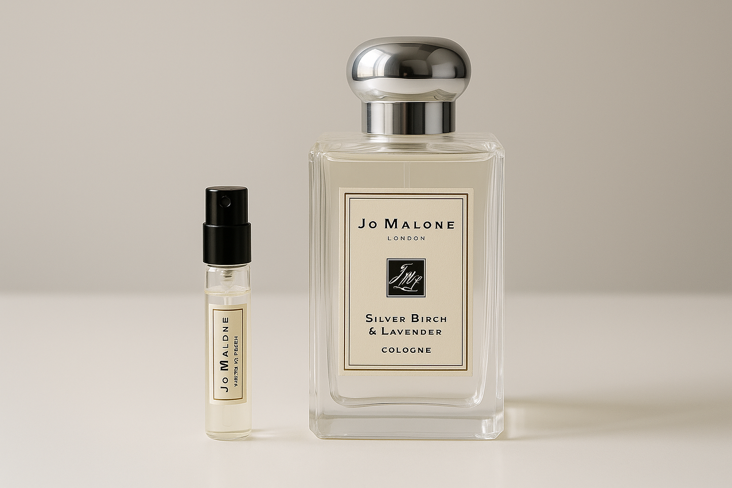 Jo Malone Silver Birch & Lavender Cologne parfymprover, 2 ml parfymprov bredvid 100 ml Jo Malone Silver Birch & Lavender doft