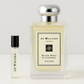 Jo Malone Silver Birch & Lavender Cologne parfymprover, 6 ml doftprov bredvid 100 ml fullstor Jo Malone Silver Birch & Lavender Cologne parfymflaska