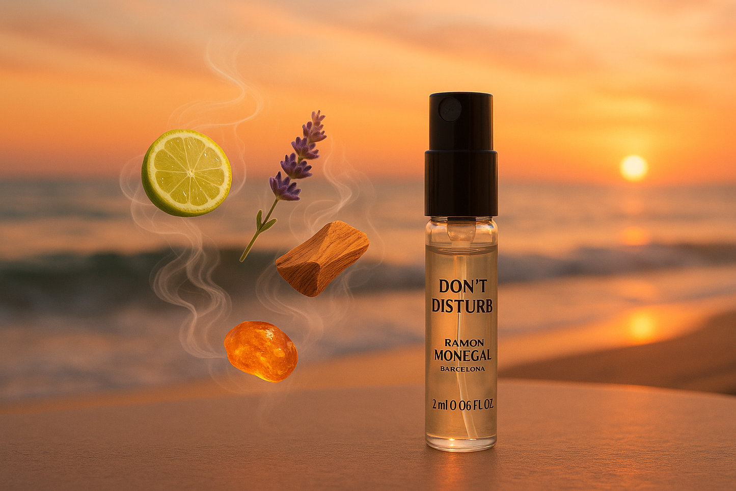 Ramon Monegal Officiellt parfymprov av Don't Disturb 2 ml 0,06 fl.oz. parfymtestare, parfymprov omgivet av doftnoter av Don't Disturb framför havskusten vid solnedgången