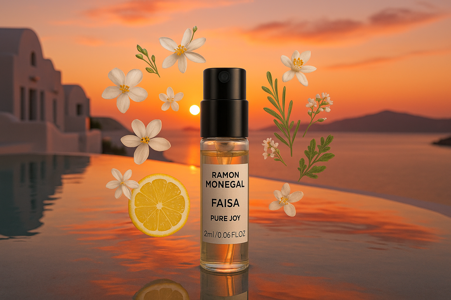 Ramon Monegal Faisa Pure Joy officiellt parfymprov 2ml 0.06 fl.oz. parfymtestare, i bakgrunden solnedgång vid Santorinis pool, prov omgivet av Faisa Pure Joy doftnoter