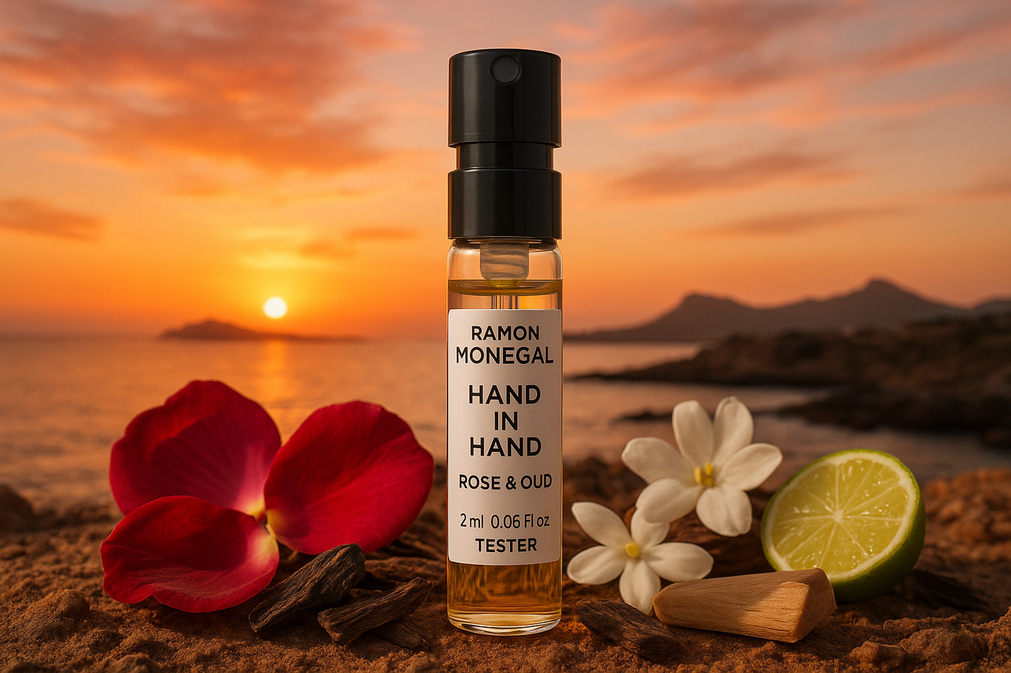 Ramon Monegal Hand in Hand Rose & Oud officiellt parfymprov 2ml 0.06 fl.oz. parfymtestare, i bakgrunden solnedgång i Isla Plana Spanien, provet omgivet av Hand in Hand Rose & Oud doftnoter